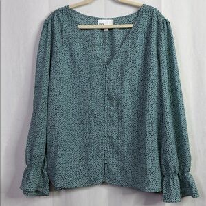 Nordstrom Rack Teal Flowy Long Sleeve Black Polkadot V-Neck Blouse